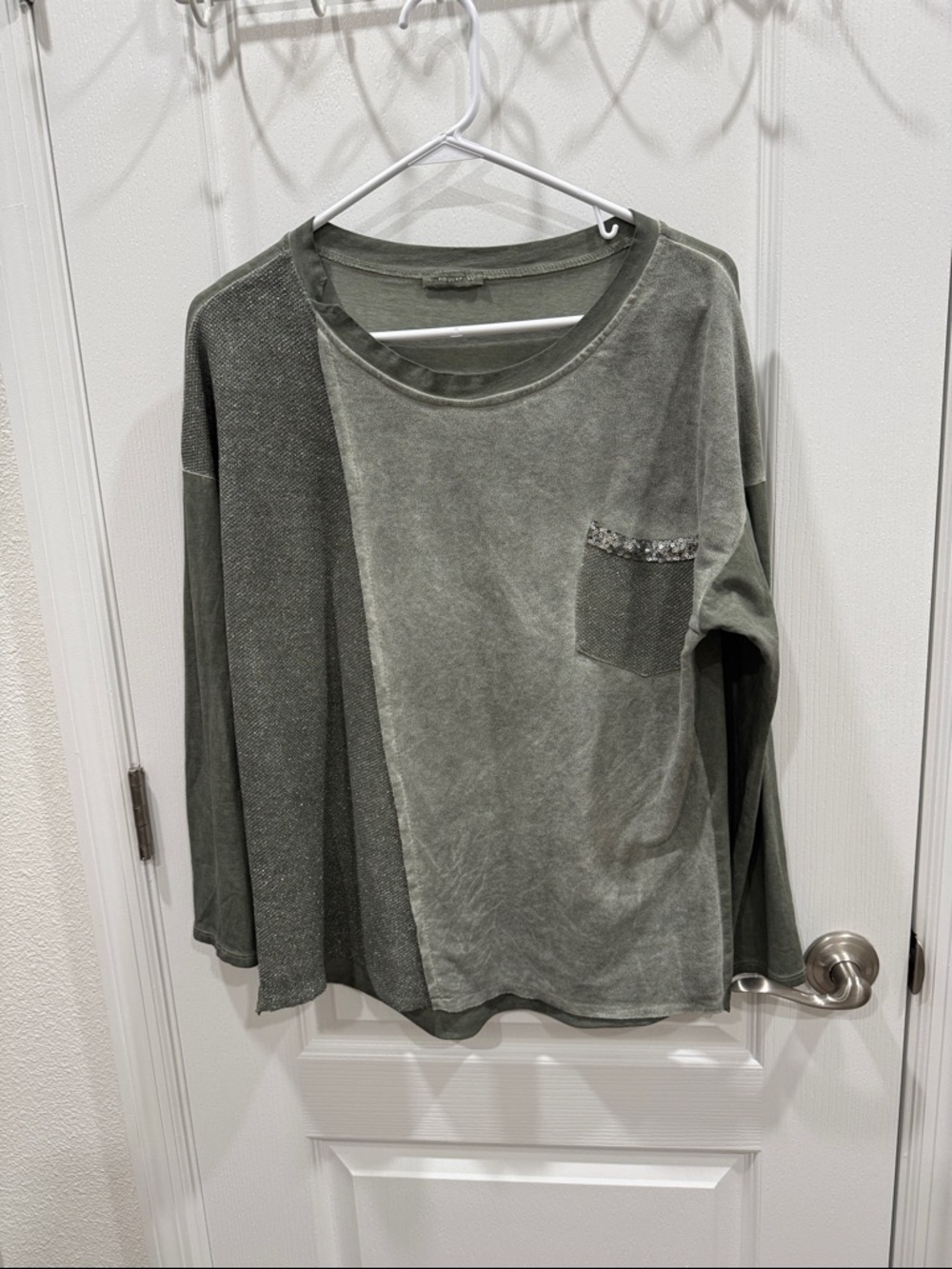 Washed Olive Green Long Sleeve Top with Pocket Detail